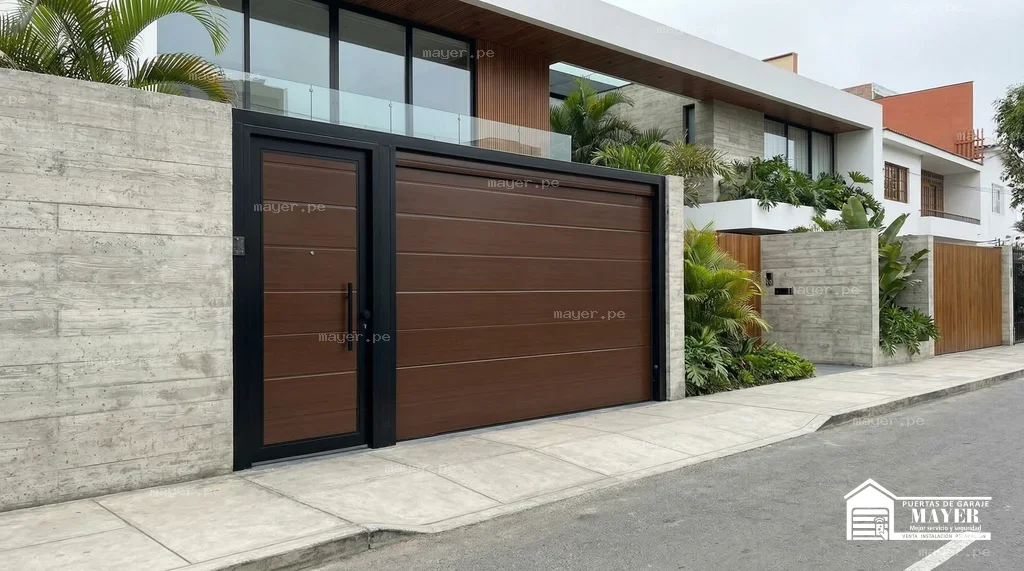 Porton batiente tipo madera oscura contemporaneo