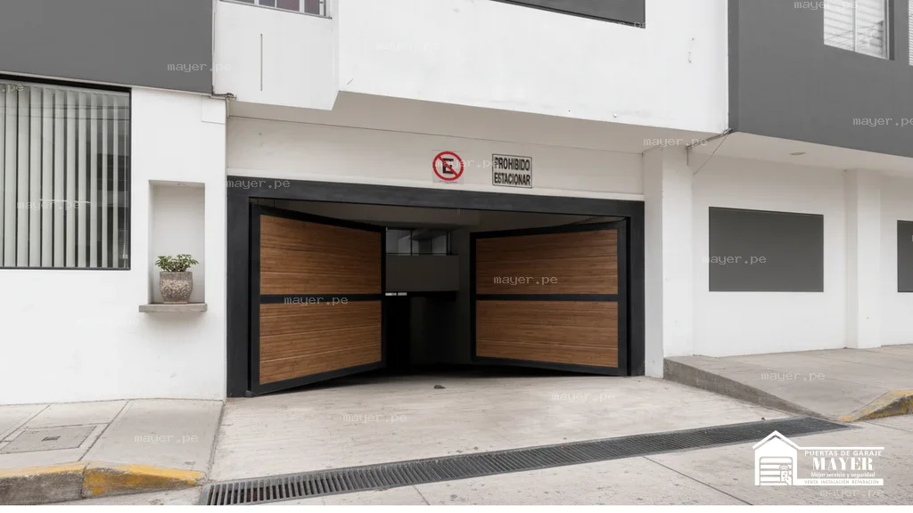 Puerta de garaje batiente tipo madera abierto residencial