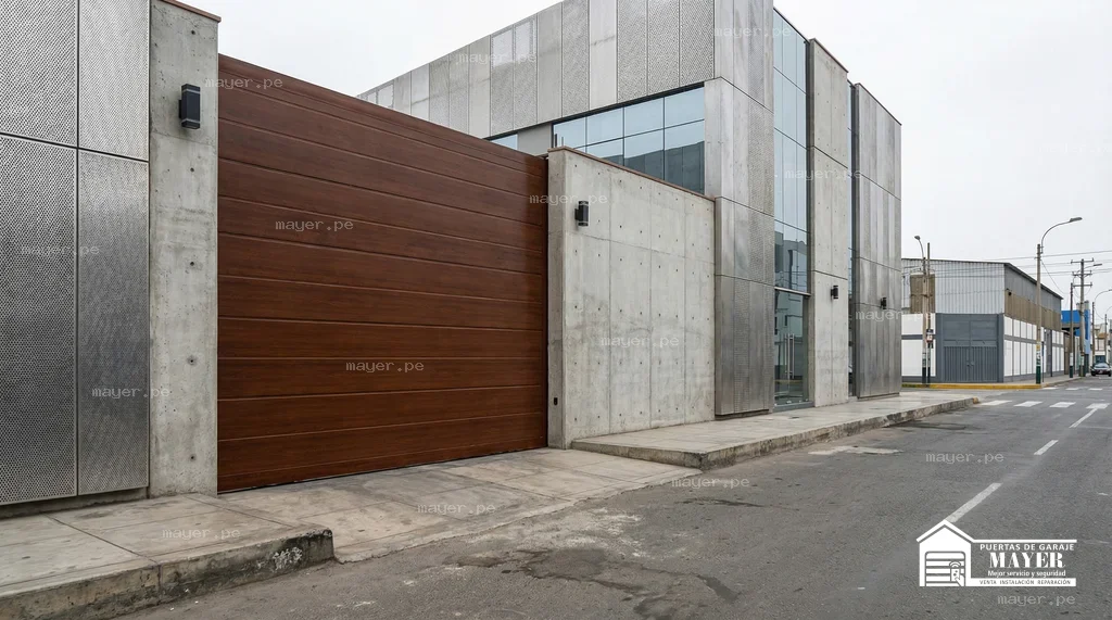 Puerta de garaje corrediza tipo madera vista edificios modernos