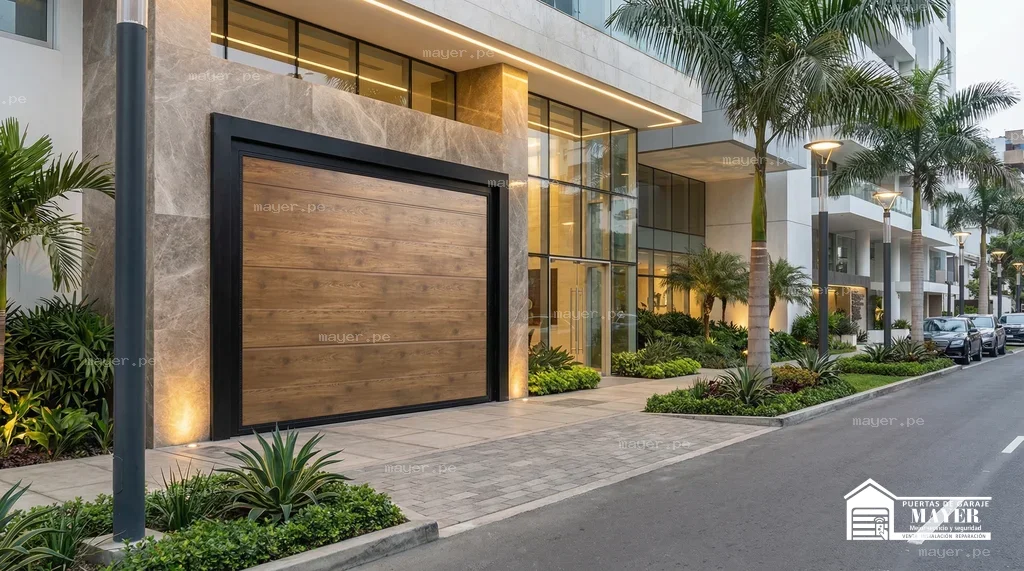 Puerta de garaje levadiza tipo madera marco negro moderno