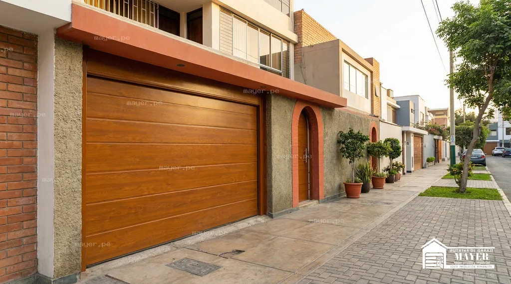 Puerta seccional tipo madera clara residencial