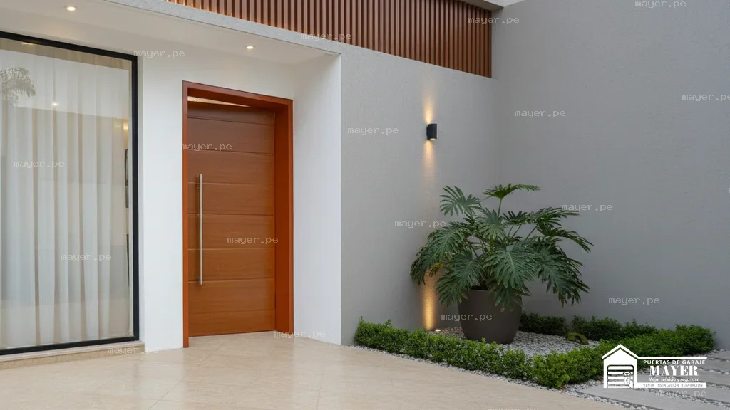 Puerta peatonal madera moderna instalada en residencia.