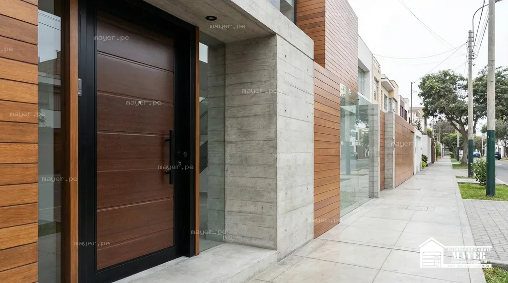 Puerta principal madera paneles horizontales instalada en residencia.